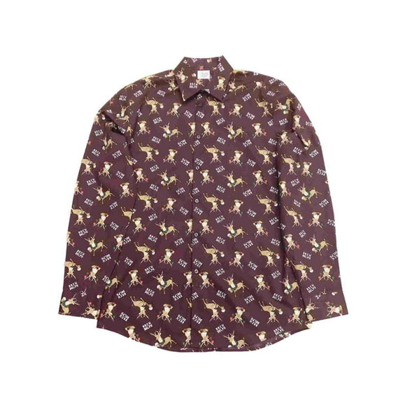 Mens Brown Rudolph Reindeer Brew Beer Christmas Long Sleeve Button Shirt 2XLT