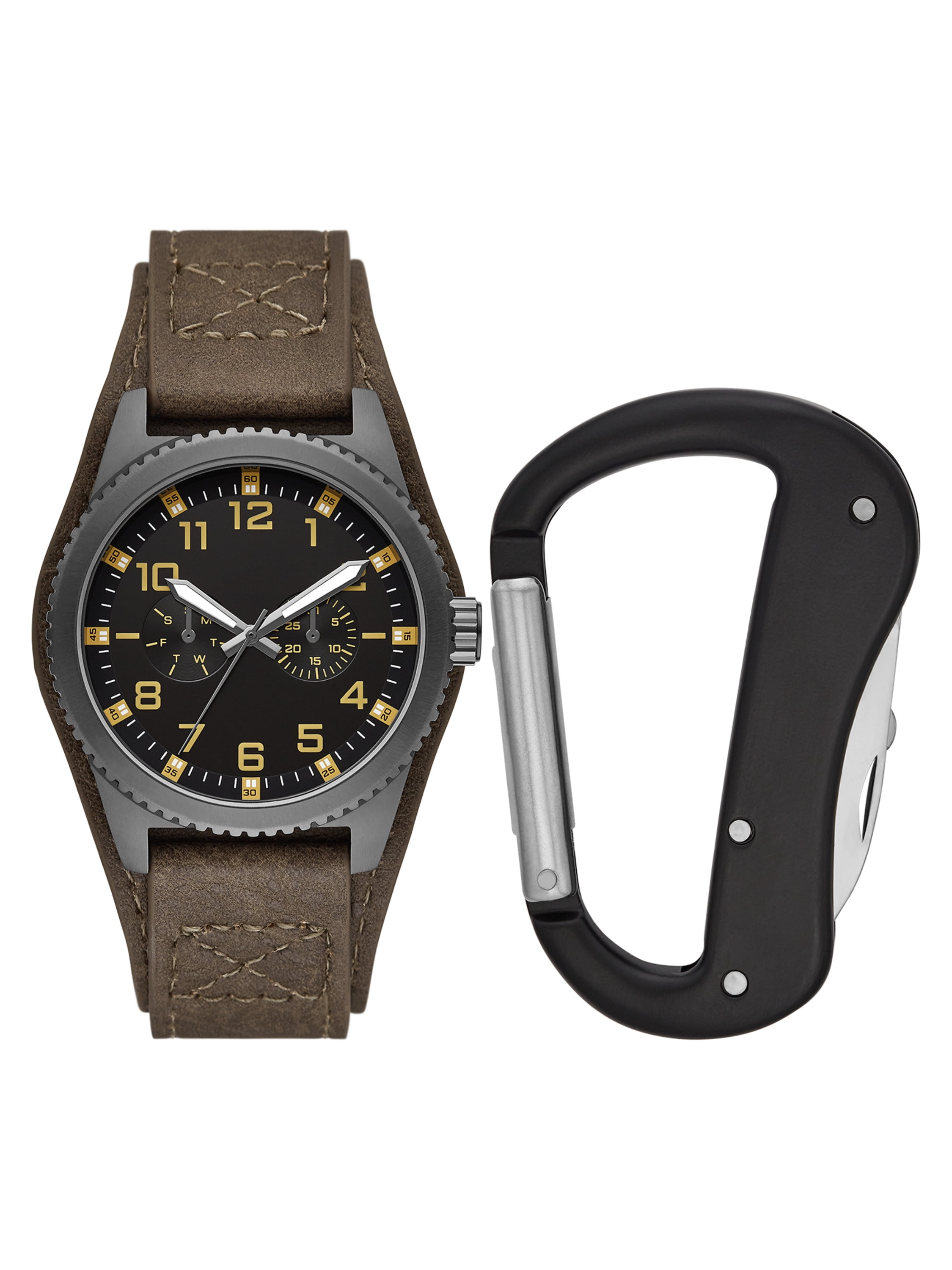 Mens Brown Strap Gunmetal Round Analog Watch with Black Multi-tool
