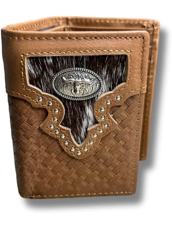 Mens Brown Tri Fold Leather Wallet Longhorn Concho