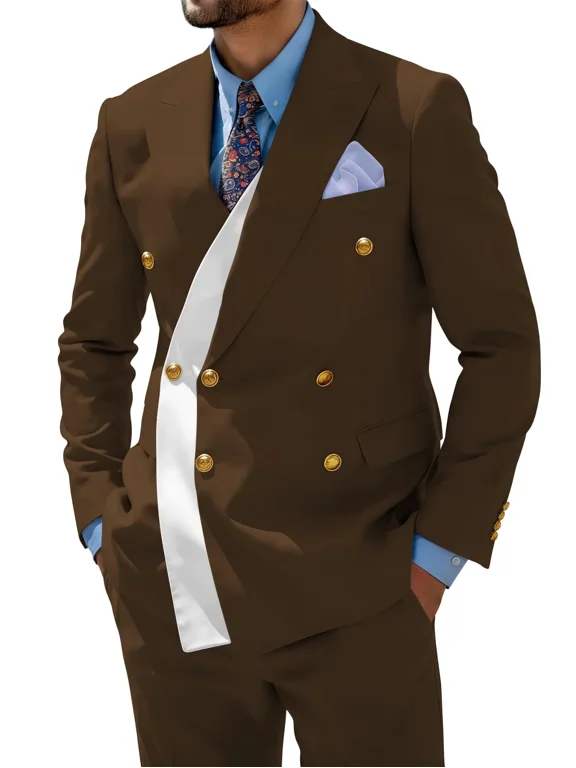 Mens Brown Two Piece Double Breasted Tuxedo Regular Fit Suit Blazer Pants for Business Wedding Party, XXL