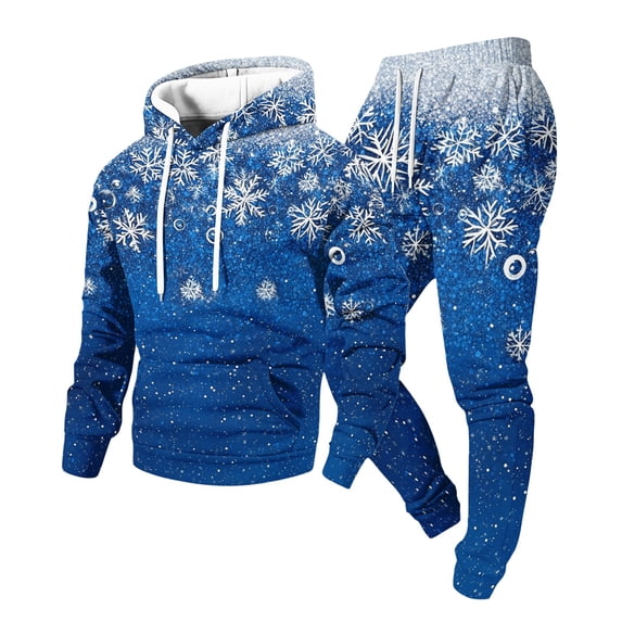 Mens Brushed 2‑Piece Christmas Tracksuit Hooded Pullover Top and Jogger Pants Winter Casual Athletic Outfit Blue XL