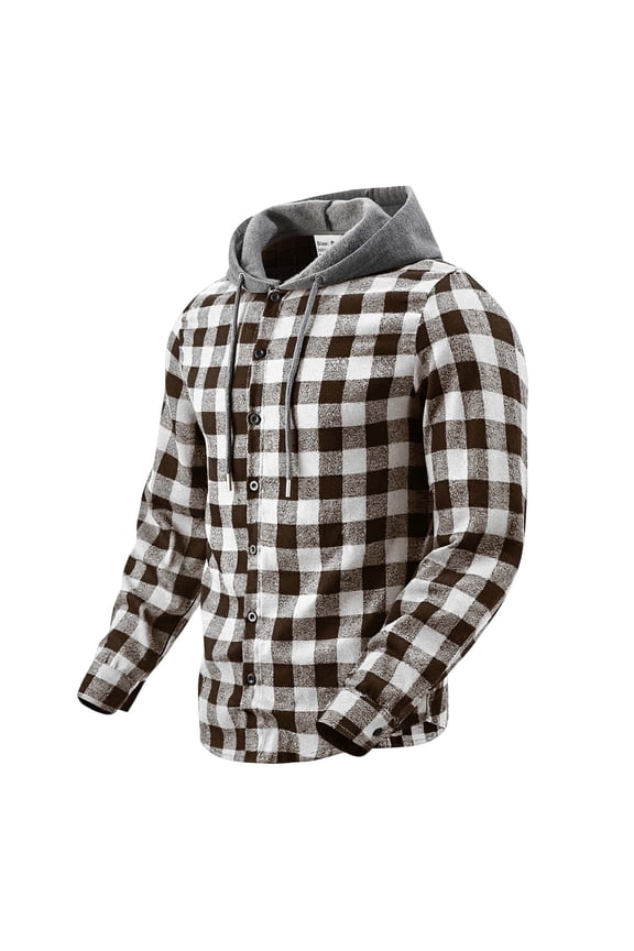 Men's Cotton Plaid Hooded Flannel Shacket Button Down Long Sleeve Shirts Checkered with Drawstring Hood for Fall Winter Daily Wear,L,Coffee