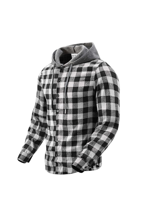 Mens Brushed Flannel Long Sleeve Hooded Plaid Shirt Button Down Checkerboard Drawstring Curved Hem for Fall Winter Daily Wear
