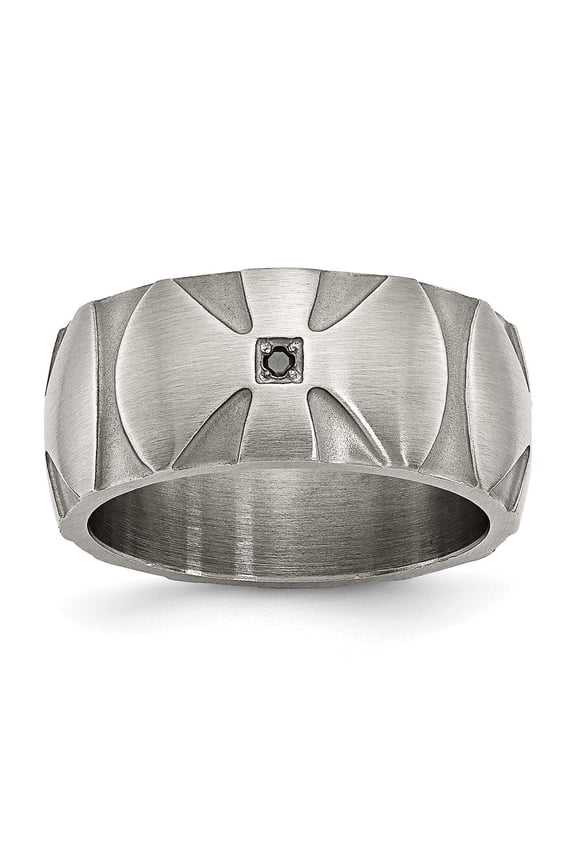 Mens Brushed Metal Ring with Matte Finish Wide Band and Angular Groove Design Black Stone Square Bezel Modern Industrial Style Bold Contemporary Jewelry for Casual or Formal Looks