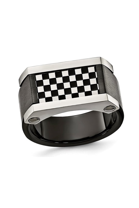 Mens Brushed and Polished Black Stainless Steel Checker Board Signet Ring for Men