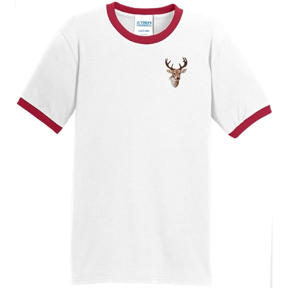 Mens Buck Deer Wildlife 100% Cotton Ringer Tee Shirt, 2XL White/Red