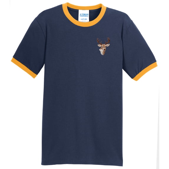 Mens Buck Deer Wildlife 100% Cotton Ringer Tee Shirt, 3XL Navy/Gold