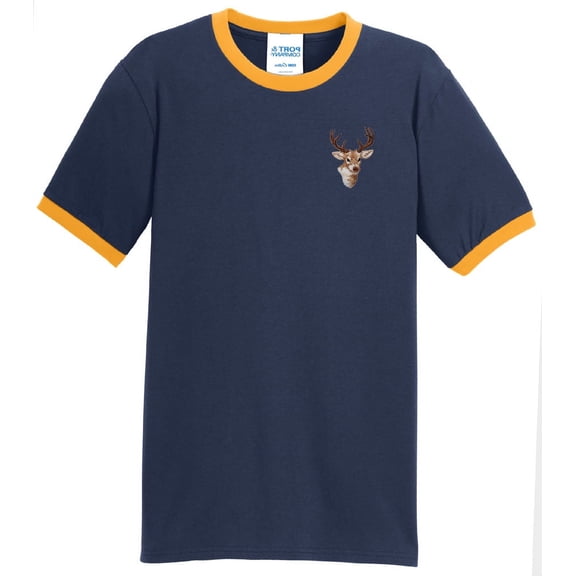Mens Buck Deer Wildlife 100% Cotton Ringer Tee Shirt, 4XL Navy/Gold