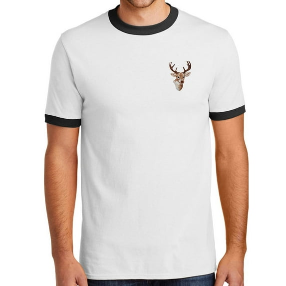Mens Buck Deer Wildlife 100% Cotton Ringer Tee Shirt, Small White/Black