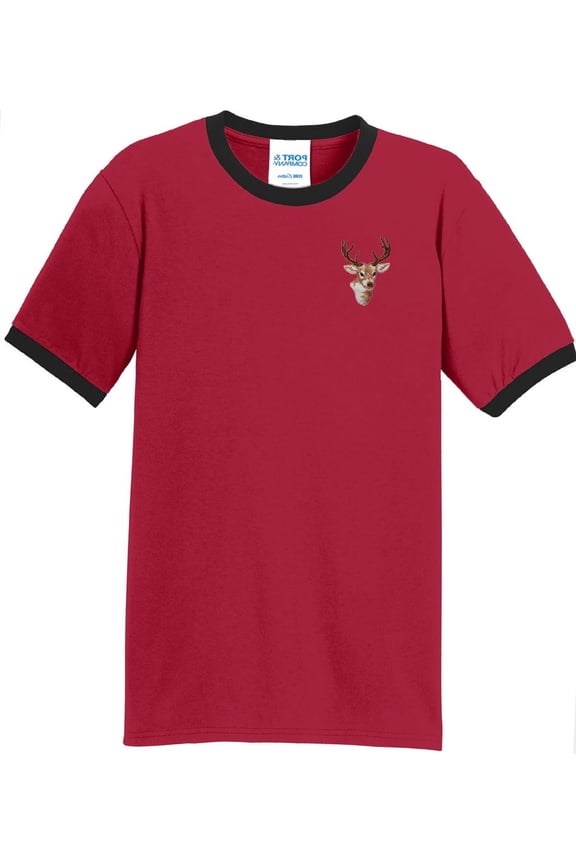 Mens Buck Deer Wildlife 100% Cotton Ringer Tee Shirt, XL Red/Black