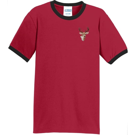 Mens Buck Deer Wildlife 100% Cotton Ringer Tee Shirt, XL Red/Black
