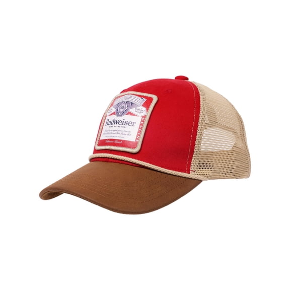 Mens, Budweiser Trucker Hat, Classic Logo with Brown Bill, Red