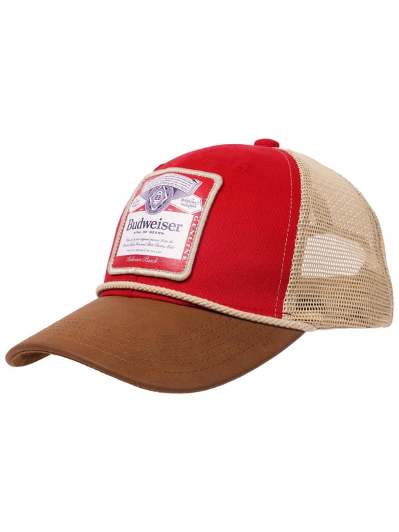 Mens, Budweiser Trucker Hat, Classic Logo with Brown Bill, Red
