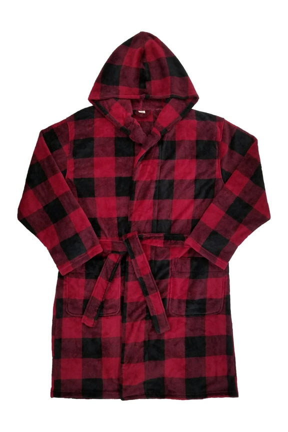 Mens Burgundy Buffalo Plaid Microfleece Robe House Coat Hooded Bathrobe XL-2XL