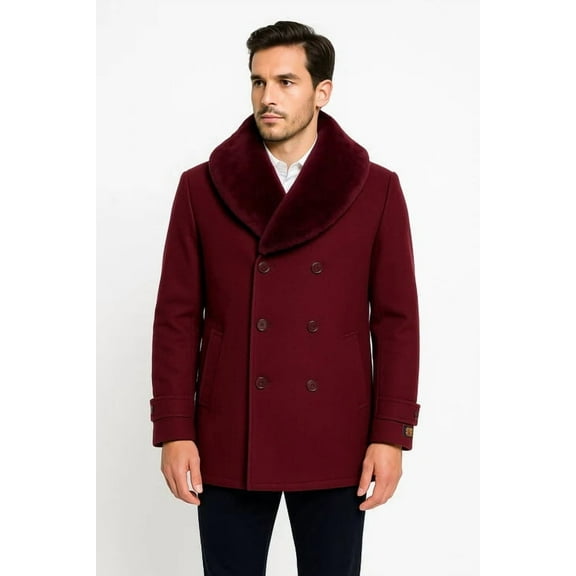 Mens Burgundy Double-Breasted Overcoat with Faux Fur Shawl Collar – Slim Fit Peacoat - Alberto Nardoni Signature