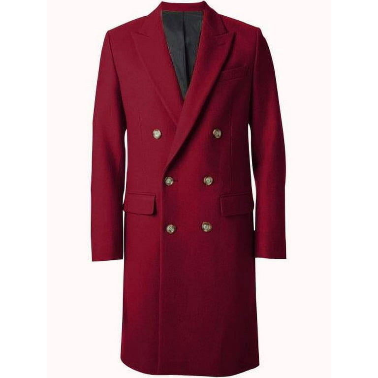 Mens Burgundy Double Breasted Wide Peak Lapel 6 Buttons Coat