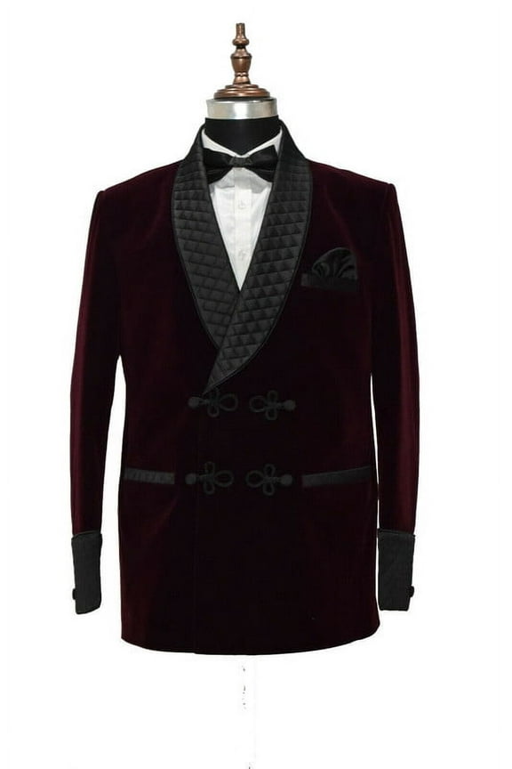Mens Burgundy Velvet Smoking Jacket - Frogging Style Evening & Wedding Wear