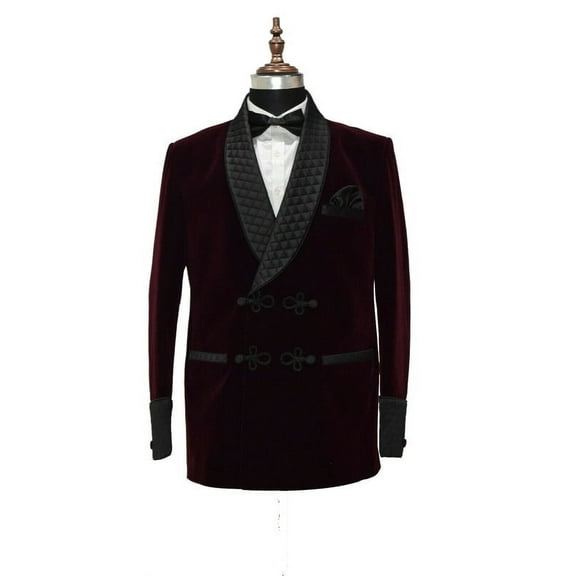 Mens Burgundy Velvet Smoking Jacket - Frogging Style Evening & Wedding Wear
