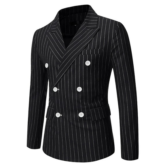 Mens Business Blazer Slim Fit Double-breasted Stripe Suit Jacket Sport Coat for Wedding Prom Dinner Party