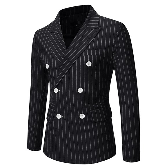 Mens Business Blazer Slim Fit Double-breasted Stripe Suit Jacket Sport Coat for Wedding Prom Dinner Party