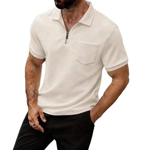 Mens Business Casual Golf T-Shirts Short Sleeve Quarter Zip Collared TShirt Geometric Jacquard Textured Summer Old Money Aesthetic Tops for Daily Wear & Vacation