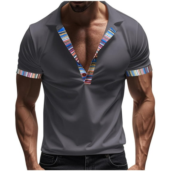 Mens Business Casual Lapel T-Shirt, Short Sleeve Shirts for Men Summer Vintage Color Patchwork V Neck Tshirts
