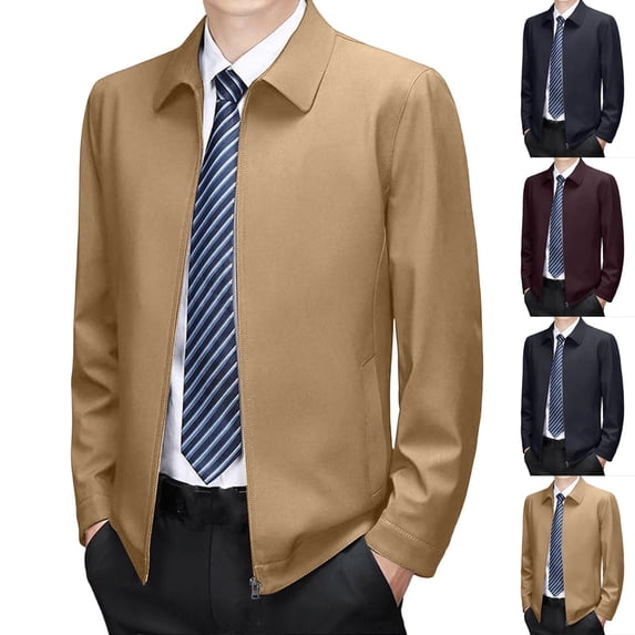 Mens Business Casual Lapel Zip Up Bussiness Golf Jacket, Button Cuff Side Pocket Solid Long Sleeve Lightweight office Outer Coat for Spring Fall Size 2XL Khaki