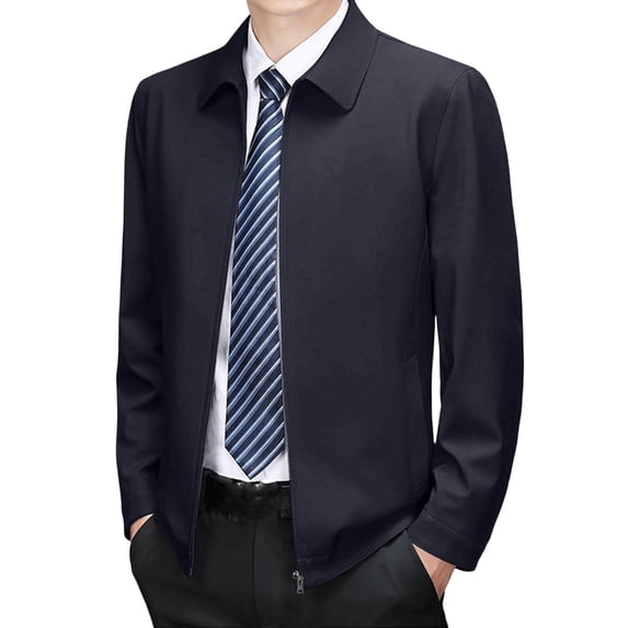 Mens Business Casual Lapel Zip Up Bussiness Golf Jacket, Button Cuff Side Pocket Solid Long Sleeve Lightweight office Outer Coat for Spring Fall Size 2XL Navy