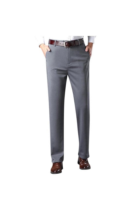 Mens Business Casual Pants Solid Color Stretch Wrinkle Resistant Trouser Zipper Button Straight Suit Pant Gray L