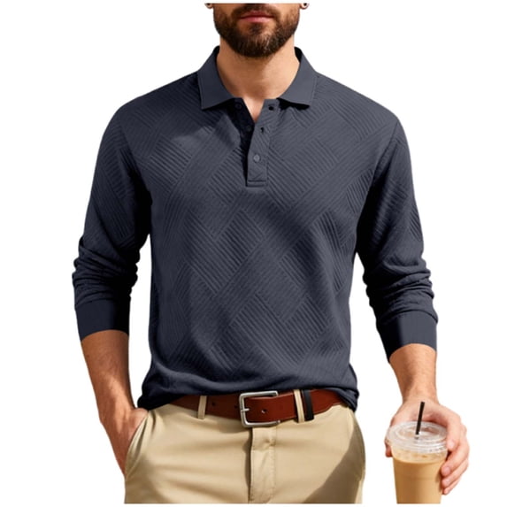 Mens Business Casual Tops Shirt Crochet Stitch Button Down Collared Long Sleeve Wedding Golf Tee