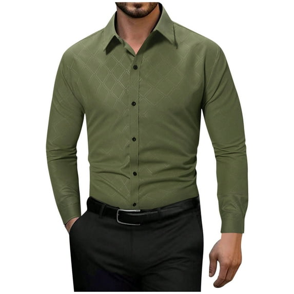 Mens Business Dress Shirts Button Slim Fit Long Sleeve Casual Formal Big and Tall Tee Shirts Summer Interview Shirt Army Green M