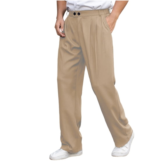 Mens Business Pants Classic Fit Stretch Waist Loose Lightweight Trousers Straight Casual Work Dress Slacks with Belt Loop Khaki L