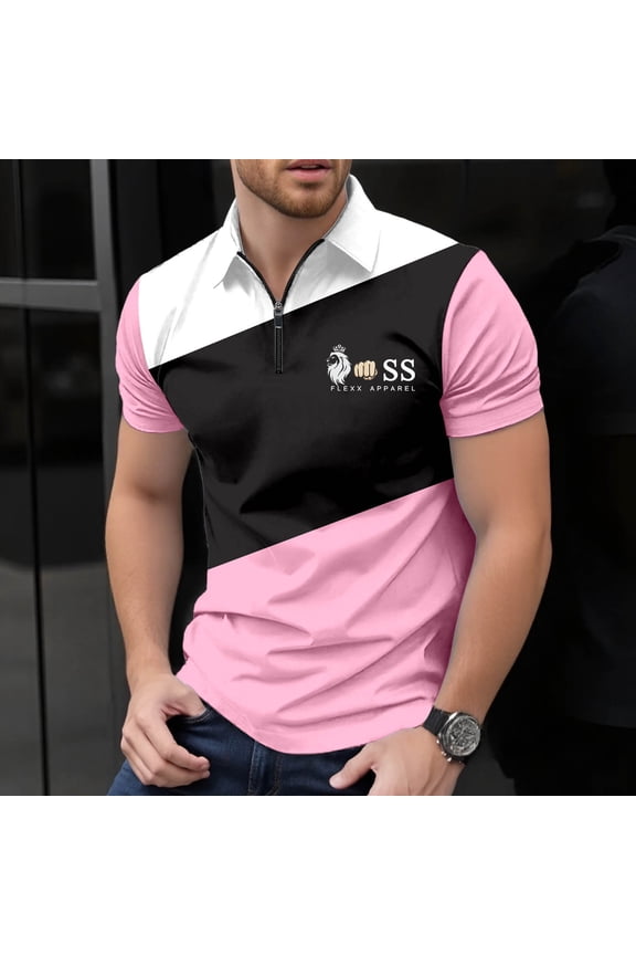 Mens Business Polo Shirt Zip Placket Short Sleeve T Shirt Summer Breathable Color Block Top Pink M