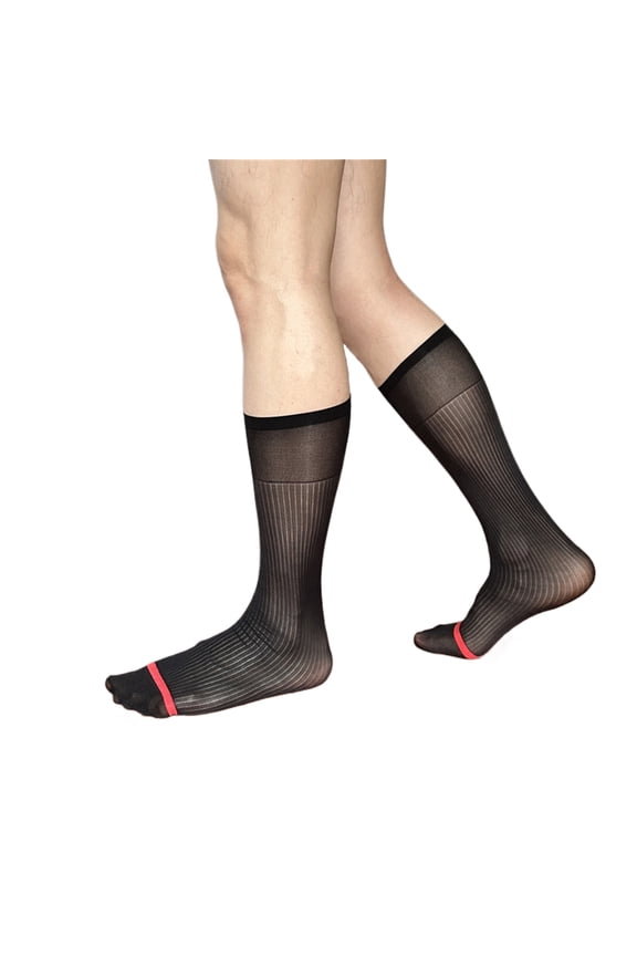 Mens Business Soft Nylon Sheer Dress Long Socks Thin See Through Silk Over the Calf Striped Middle Length Tube Stockings