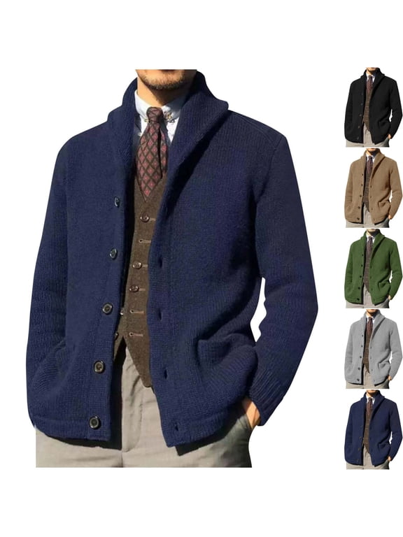 Mens Button Down Cardigan Sweaters Shawl Collar Old Money Style Knitted Grandpa Sweater Jacket with Side Pockets for Business Casual Work Office, Navy, M