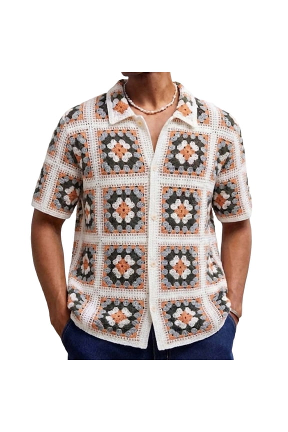 Mens Button Down Crochet Knit Shirts Short Sleeve Beach Vacation Shirt Vintage Granny Square Pattern Summer Casual Tops Breathable Boho Hippie Yoga Streetwear Fashion Clothes
