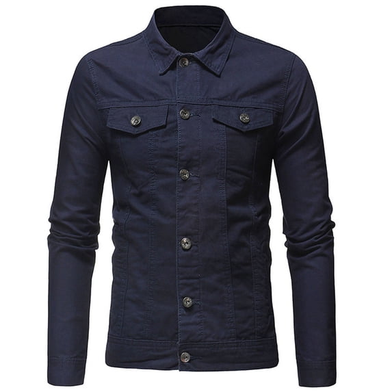 Mens Button Down Denim Jacket with Chest Flap Pockets Distressed Ripped Slim Fit Trucker Jean Jacket Coat for Men Big and Tall Size M-3XL Navy