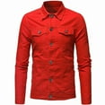 thumbnail image 1 of Mens Button Down Denim Jacket with Chest Flap Pockets Distressed Ripped Slim Fit Trucker Jean Jacket Coat for Men Big and Tall Size M-3XL Red, 1 of 4