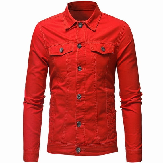 Mens Button Down Denim Jacket with Chest Flap Pockets Distressed Ripped Slim Fit Trucker Jean Jacket Coat for Men Big and Tall Size M-3XL Red