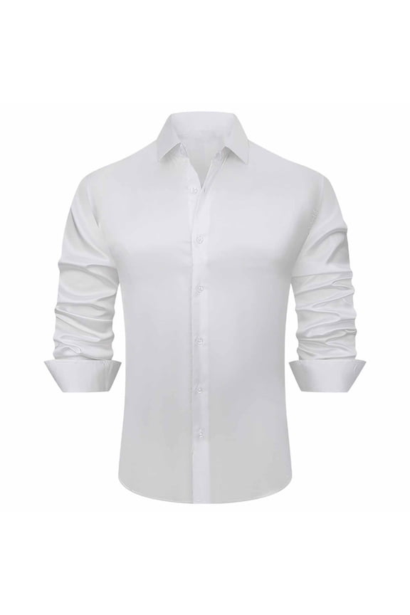 Mens Button Down Dress Shirts Silk Satin Business Top Long Sleeve Tailored Fit Collared Blouse