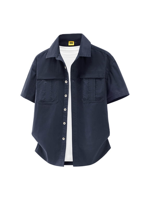 Mens Button Down Hiking Shirts 100% Cotton Short Sleeve Casual Regular Fit Button Up Work Shirts with Double Pocket Size 5XL Dark Blue