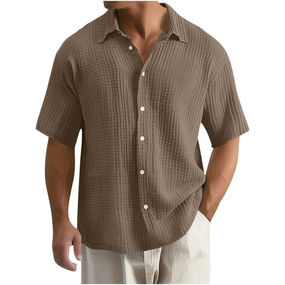 Mens Button Down Linen Shirt Short Sleeve Casual Solid Textured T Shirts Summer Beach Hawaiian Comfort Soft Shirts