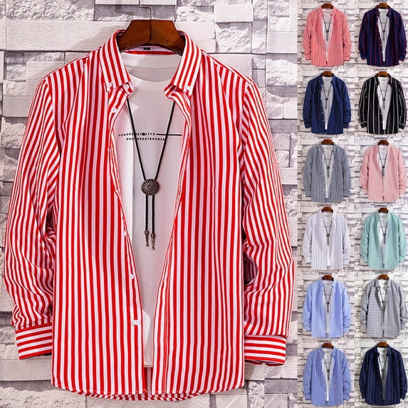 Mens Button Down Long Sleeve Shirts Striped Collar Casual Business Summer Beach Wedding Dress Shirt Watermelon Red L