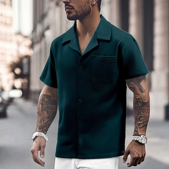 Mens Button Down Shirt Casual Regular Fit Basic Shirts Loose Comfortable Beach Summer Clothing Dark Green Size XXXL