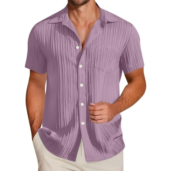 Mens Button Down Shirt Casual Short Sleeve Texture Hawaiian Shirt for Men Summer Home and Travel Tops