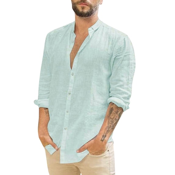Mens Button Down Shirt Linen Cotton Shirts Casual Plain Roll-Up Sleeve Spread Collar Lightweight Beach Tops