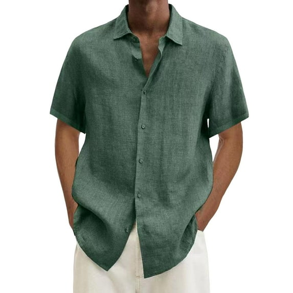 Mens Button Down Shirt Male Turn Down Button Shirts Solid Linen Short Sleeve Double Pocket Shirt Mens Linen Shirt Green S