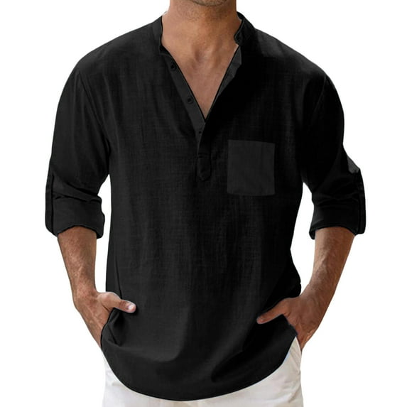Mens Button Down Shirt Mens Stand Collar Linen Shirts Solid Color Pocket Long Sleeve Pullover Shirt Linen Shirt Men Black XXL
