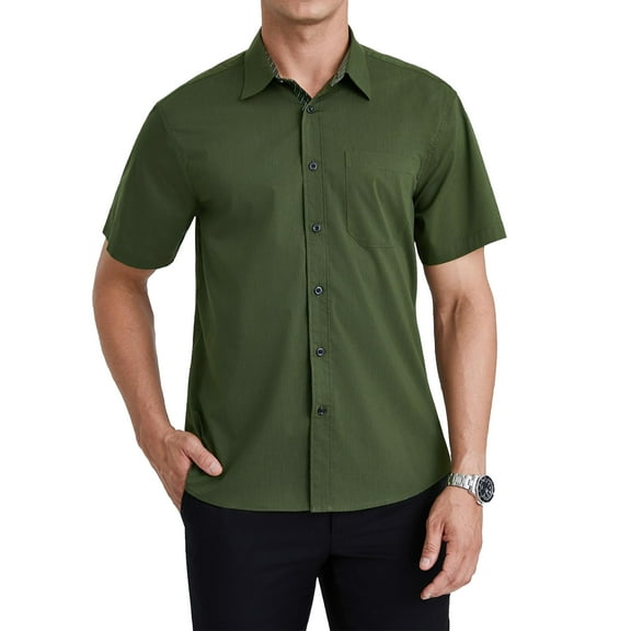 Mens Button Down Shirt Short Sleeve Dress Shirts Inner Contrast Business Pocket Shirt Green