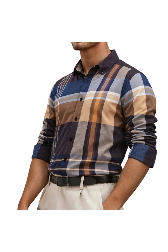 Mens Button Down Shirt Woven Long Sleeve Casual Business Checkered Comfortable Classic Plaid Versatile Navy Shirt